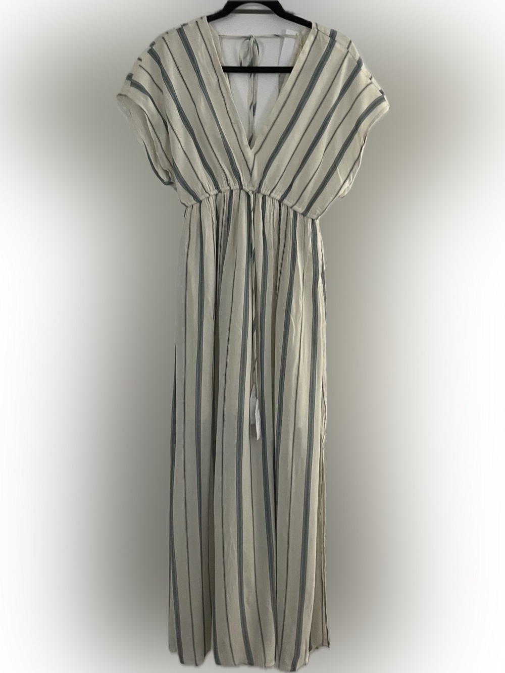 Love stitch Striped V-Neck Maxi Dress in White and Blue
